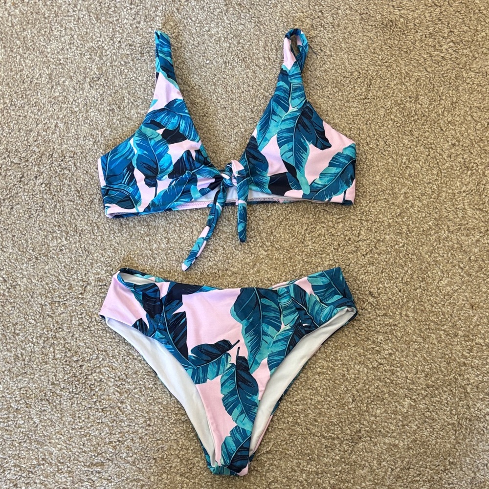 SHEIN Pink and Blue Leaf Print Bikini